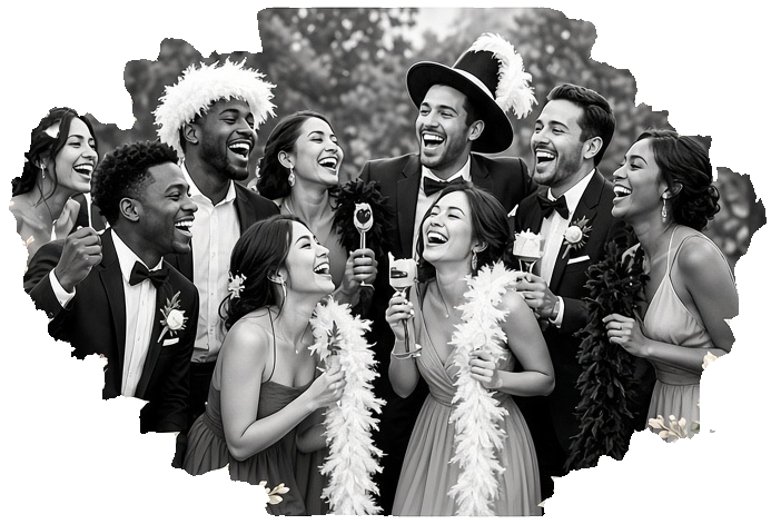 A wedding party laughing together with feather boas, top hats, and champagne in front of the booth